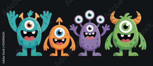 Four colorful cartoon monsters with big eyes and friendly smiles on black background