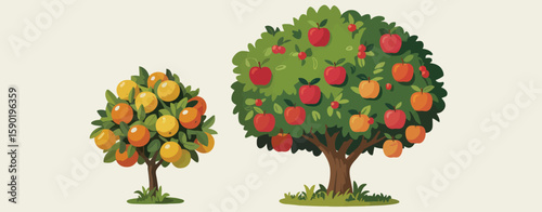 Two cartoon fruit trees one with oranges and one with apples side by side
