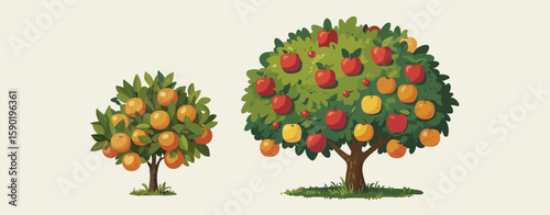 Two cartoon fruit trees one with oranges and one with apples and oranges