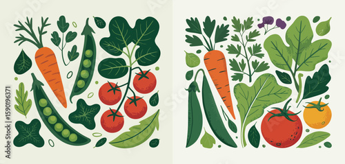 Vibrant fresh vegetables arranged in a whimsical flat design style
