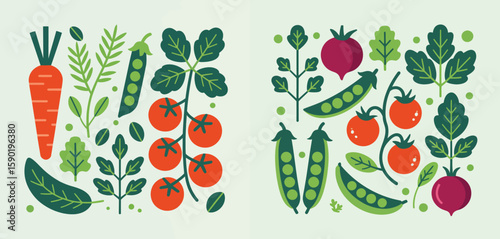 Stylized flat design of fresh vegetables including carrots tomatoes peas and beets