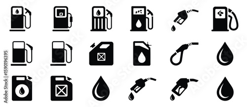 Collection of black gasoline pump icons fuel nozzle and oil drop symbols