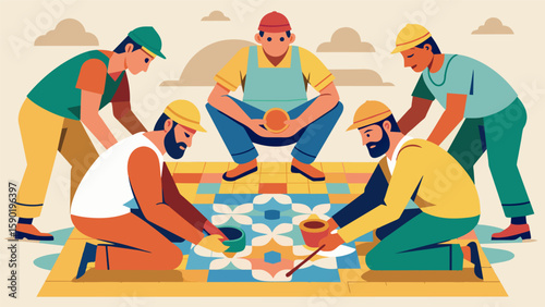 A group of builders and archaeologists all take turns brushing away tiny pieces of dirt to reveal an intricate mosaic floor complete with colorful. Vector illustration