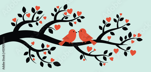 Two adorable red birds perched on a black tree branch with red heart shaped leaves
