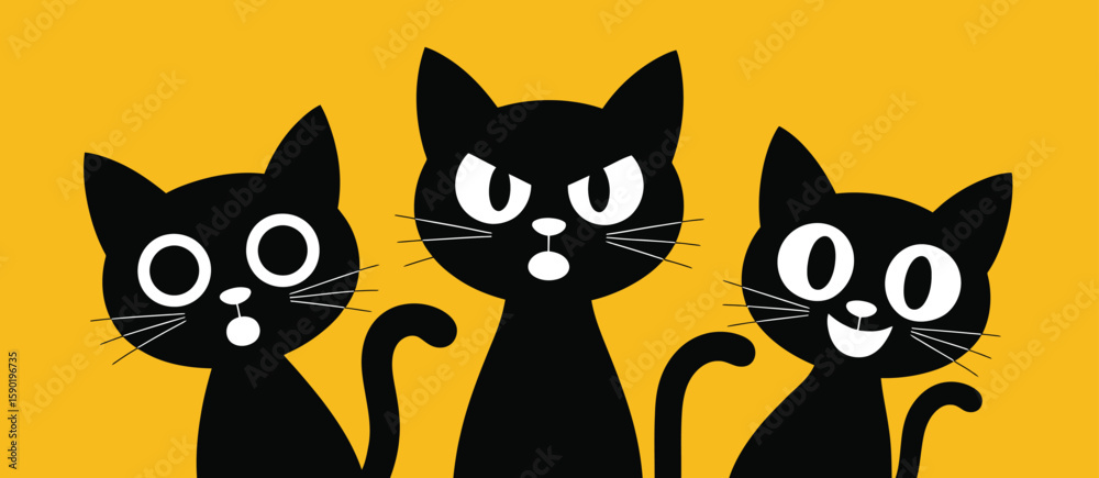 Fototapeta premium Three black cats with big eyes and different expressions on a yellow background