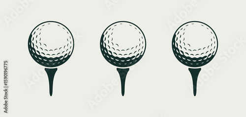 Three dark green golf balls on tees arranged in a row on a light background