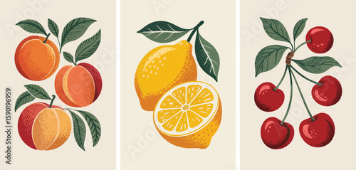 Vibrant triptych featuring ripe peaches juicy lemon and fresh cherries with leaves