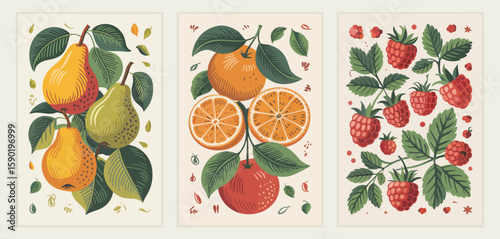 Triptych of stylized pears oranges and raspberries with green leaves and beige background