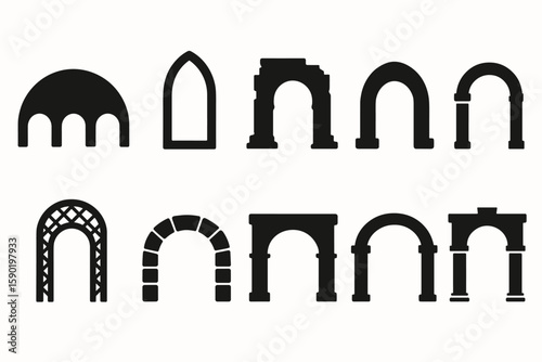 Architectural elements solid icon set. arches, structures, classical icons collection