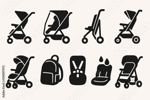 Baby stroller silhouette icon set. infant, carriage equipment icons silhouette collection