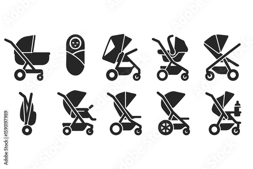 Baby and strollers solid icon set. infant, pram silhouettes, childcare symbols