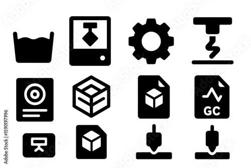 3d printer silhouette icon set. printing, technology, and manufacturing symbols