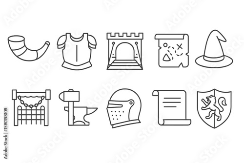Medieval fantasy outline icon set. armor, scrolls, and magical items icons