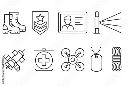 Military and security line icon set. army, defense, safety symbols linear collection