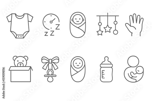 Baby care linear icon set. newborn essentials, infant care, parenting, minimal style