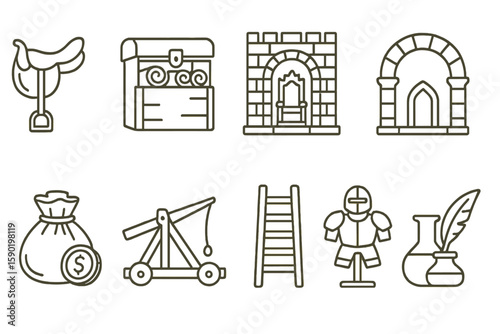 Medieval linear icon set. knight, castle, weaponry icons in outline style.