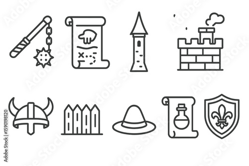 Medieval, history line icon set. castle, knight, weapon icons outline collection