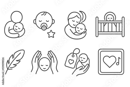 Parenting and baby care icon set: outline style for early childhood essentials