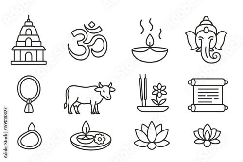 Indian culture outline icon set. traditional, spiritual symbols in linear style