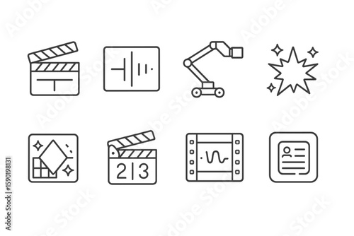 Movie and sound production line icon set. film, audio, editing linear icons collection