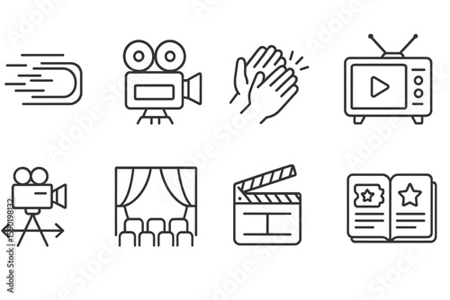 Entertainment and media outline icon set. cinema, television symbols collection