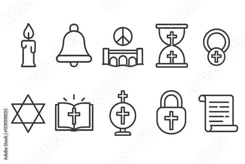 Religion, peace, and hope line icon set. faith, worship, and spiritual symbols