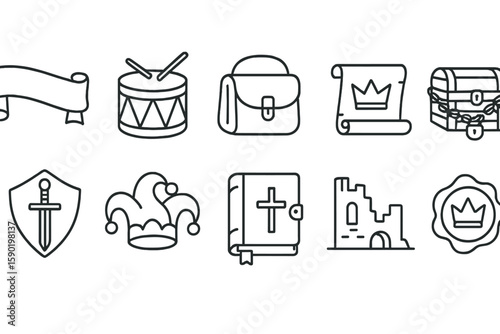 Medieval, fantasy line icon set. kingdom, adventure themed historical icons collection