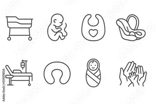 Baby care outline icon set. newborn essentials, parenting symbols in linear style