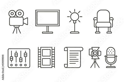 Entertainment, media line icon set. film, music, theater linear symbols collection