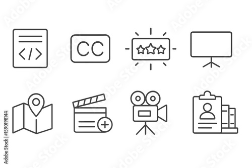 Media and entertainment line icon set. filmmaking, broadcasting, map icons collection