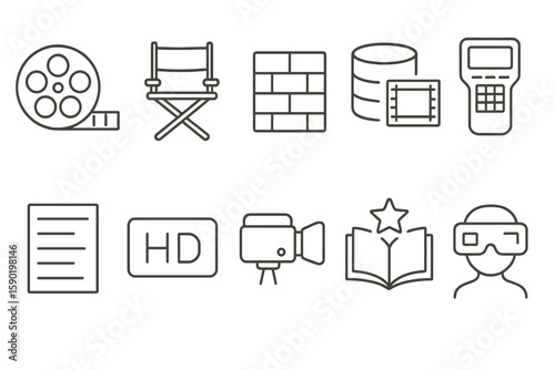 Movie, video production line icon set. editing, filmmaking symbols outline collection
