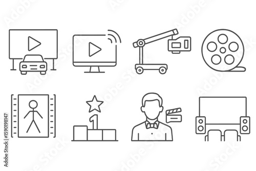 Movie and cinema line icon set. film, entertainment, art, theater, media graphics