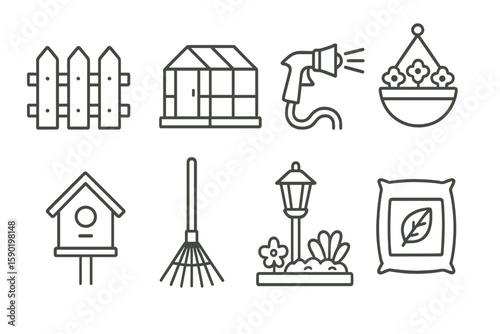 Garden, landscaping outline icon set. tools, nature, and backyard elements collection
