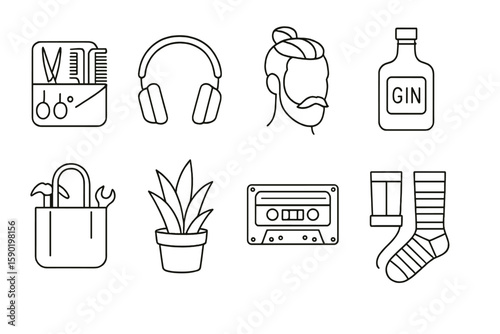 Barber, music, and lifestyle icon set. linear style collection of essentials