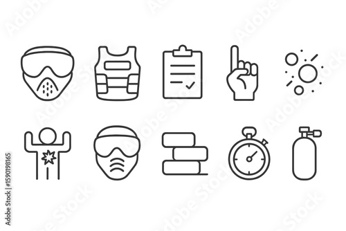 Paintball, adventure linear icon set. equipment and gear icons in outline style