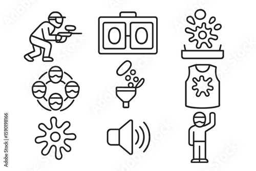 Paintball line icon set. equipment, game, player, gear, sport, action, combat, team, fun