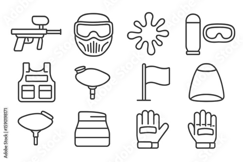 Paintball outline icon set. equipment, gear, game icons in outline style collection