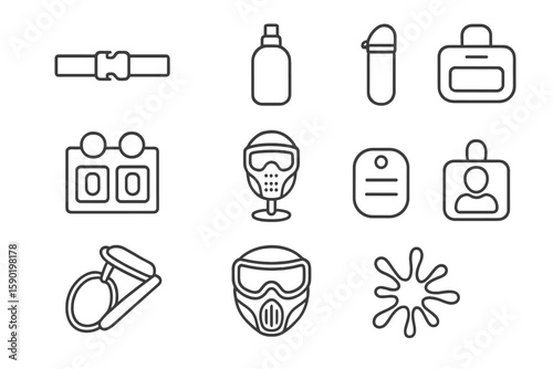 Paintball and airsoft outline icon set. masks, gear, and equipment icons collection