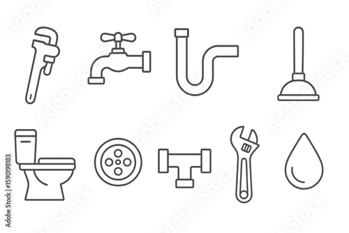 Plumbing tools line icon set. repair, maintenance essentials line collection