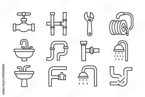 Plumbing tools line icon set. pipes, fittings, faucet and wrench outline collection