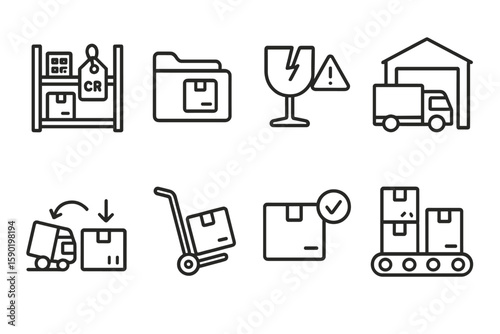 Logistics and warehouse outline icon set. packaging, delivery, shipping symbols