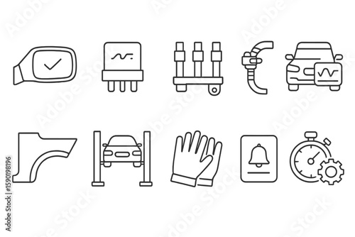 Automotive line icon set. car maintenance, repair services, tools collection