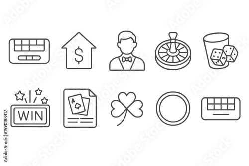 Casino and gambling line icon set. poker, dice, roulette, slot machine outline icons