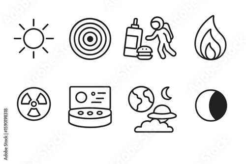 Space and nature line icon set. astronaut, planet, sun, and earth outline icons