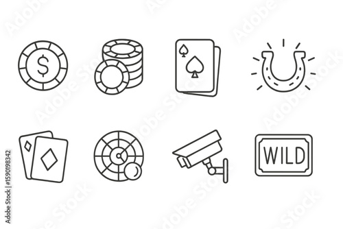 Casino and gambling line icon set: betting, cards, slot, chips, luck symbols collection