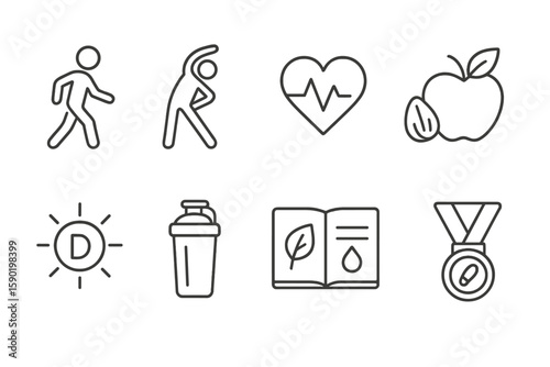 Health and fitness line icon set. exercise, wellness, nutrition in outline style