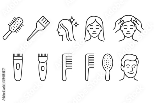 Haircare and styling line icon set. shampoo, brush, salon, beauty linear collection