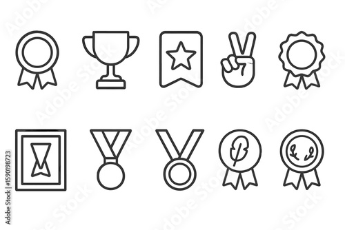 Awards and recognition outline icon set. achievements, medals, trophies icons collection