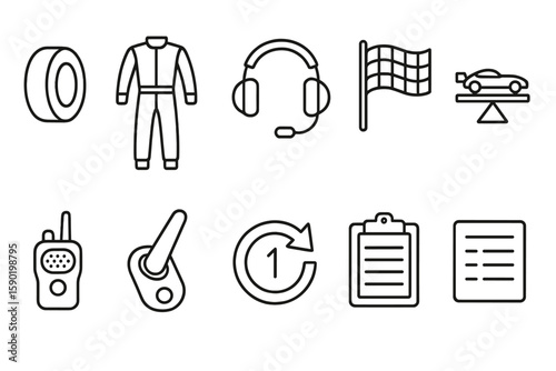 Racing, automotive line icon set. motorsports, race track, vehicle icons outline collection