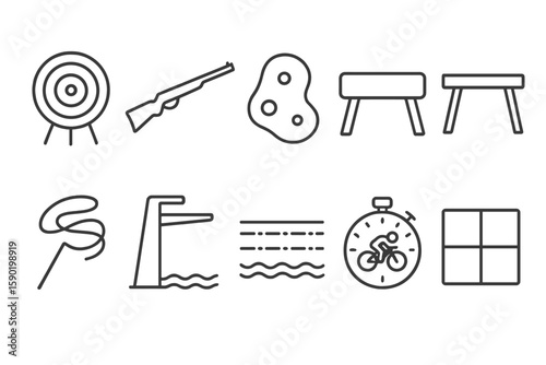 Olympic games linear icon set. sports equipment and events line collection